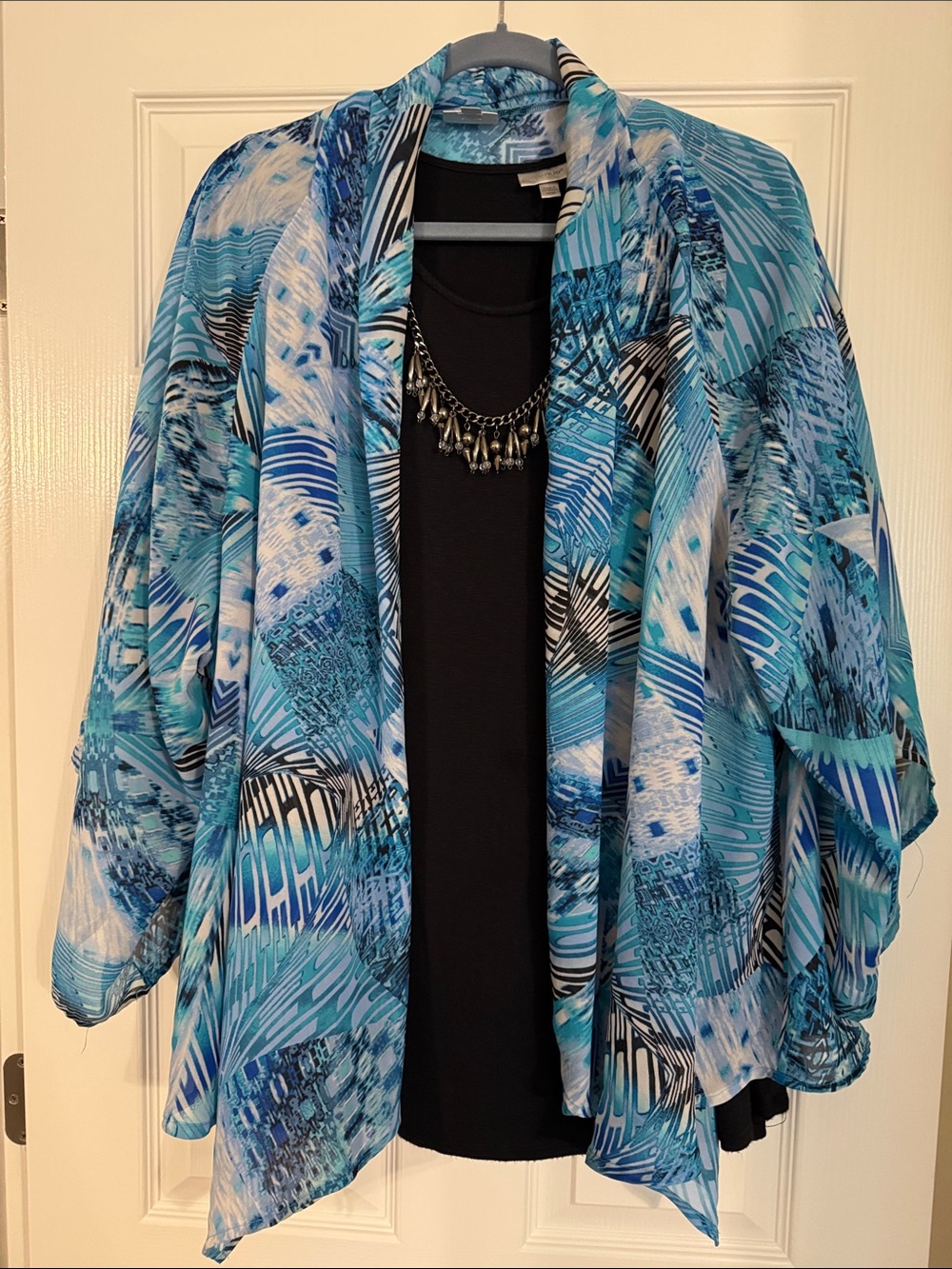 3 pc Avenue Blue & Black Open-Front Patterned Kimono Cardigan